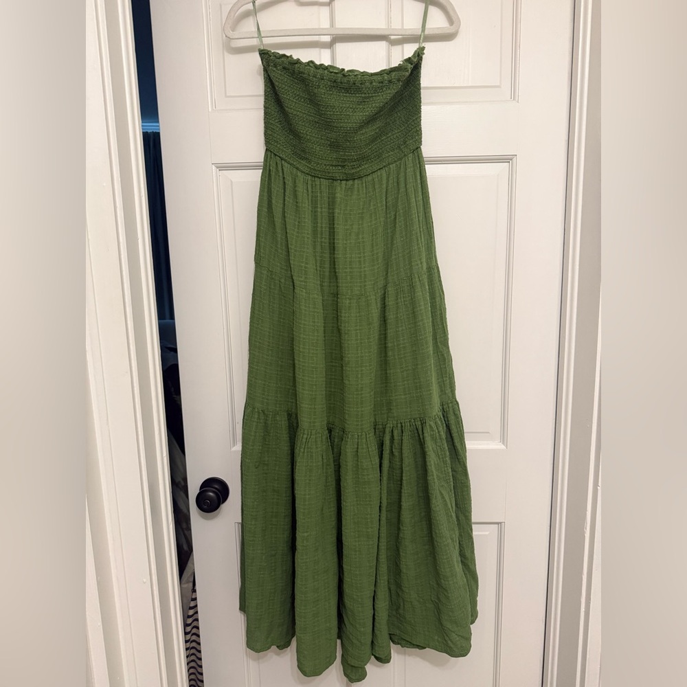 Veronica Beard Green Strapless Smocked Tiered Maxi Dress